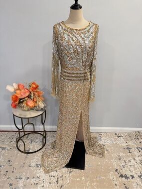 Primavera Couture Nude Sequins Embellished Open Back Long Sleeves Maxi Gown